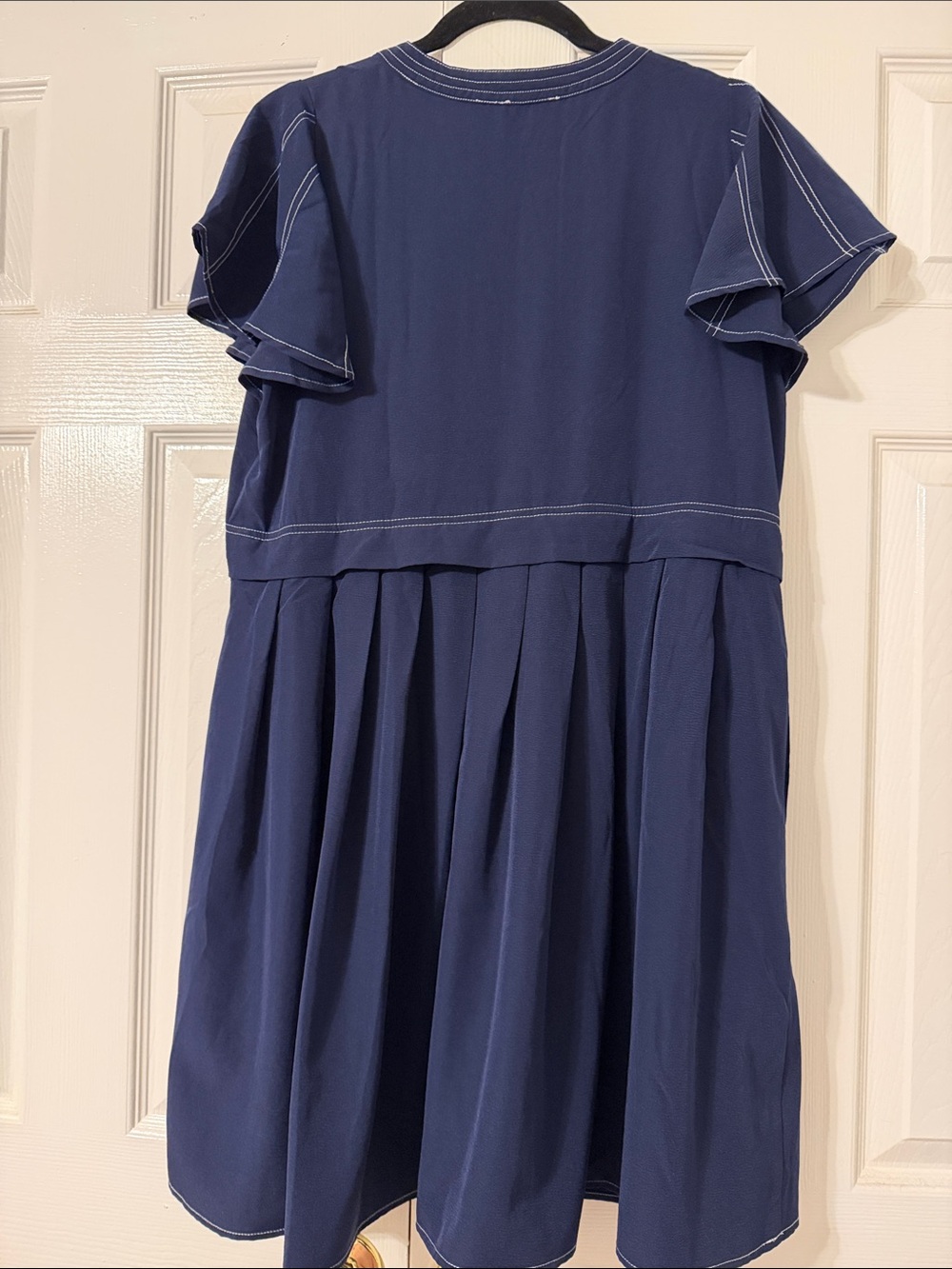 Women’s Navy Pleated Casual Dress with White Topstitching - Picture 3 of 4